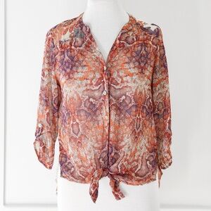 Fig & Flower Sheer Snakeskin Floral Button Down Blouse Size Petite Medium